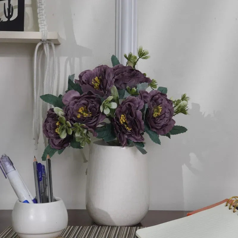 Artificial Purple Rose Flower Arrangement with White Ceramic Vase