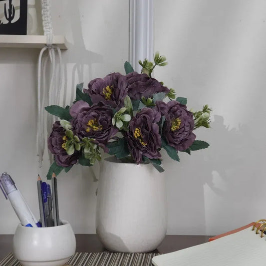Artificial Purple Rose Flower Arrangement with White Ceramic Vase