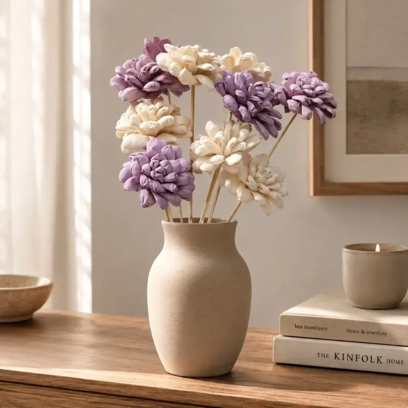 Artificial Lavender & White Flower Arrangement with Ribbed Ceramic Vase