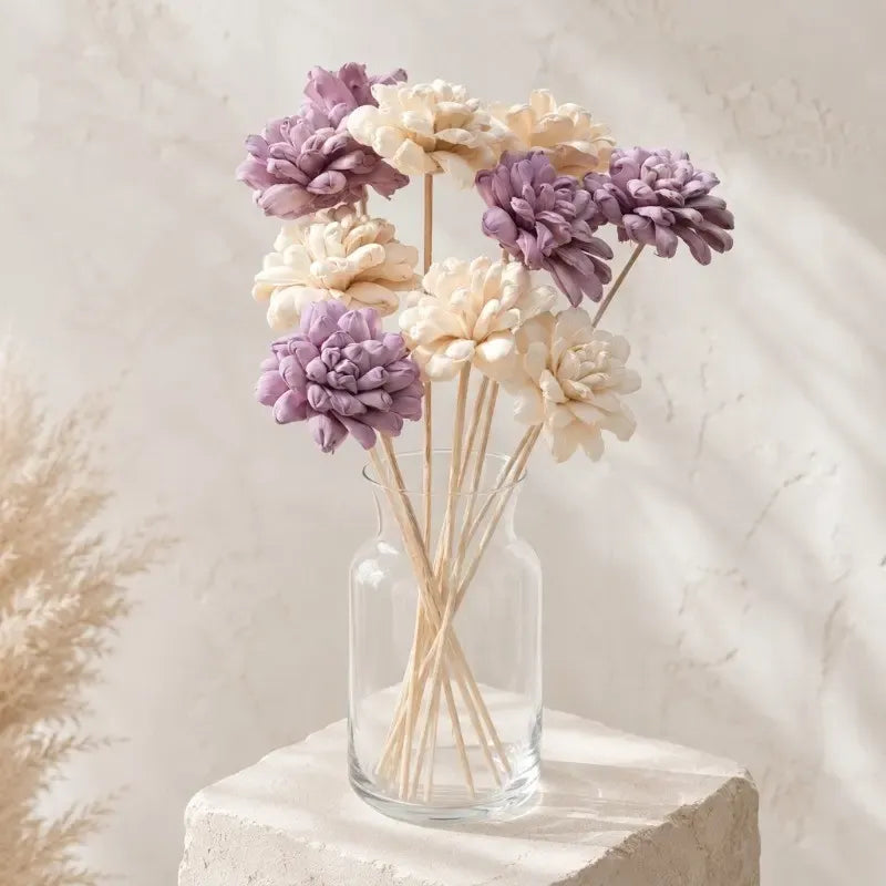 Artificial Lavender & White Flower Arrangement with Ribbed Ceramic Vase