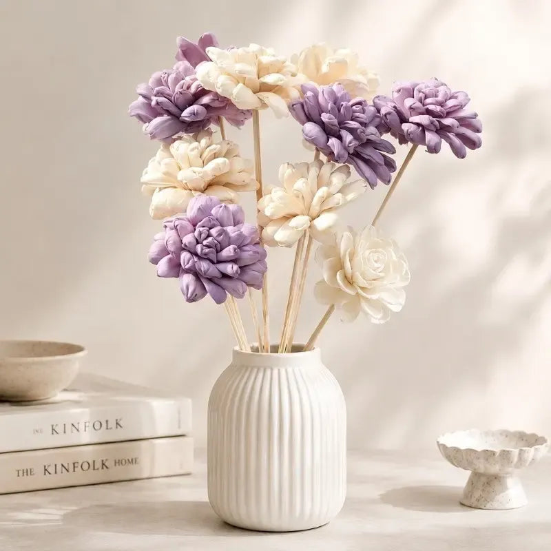 Artificial Lavender & White Flower Arrangement with Ribbed Ceramic Vase