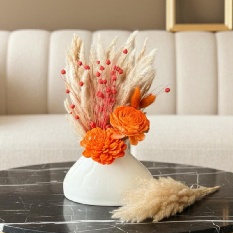 Artificial Orange Dried Flower Arrangement with White Ceramic Vase