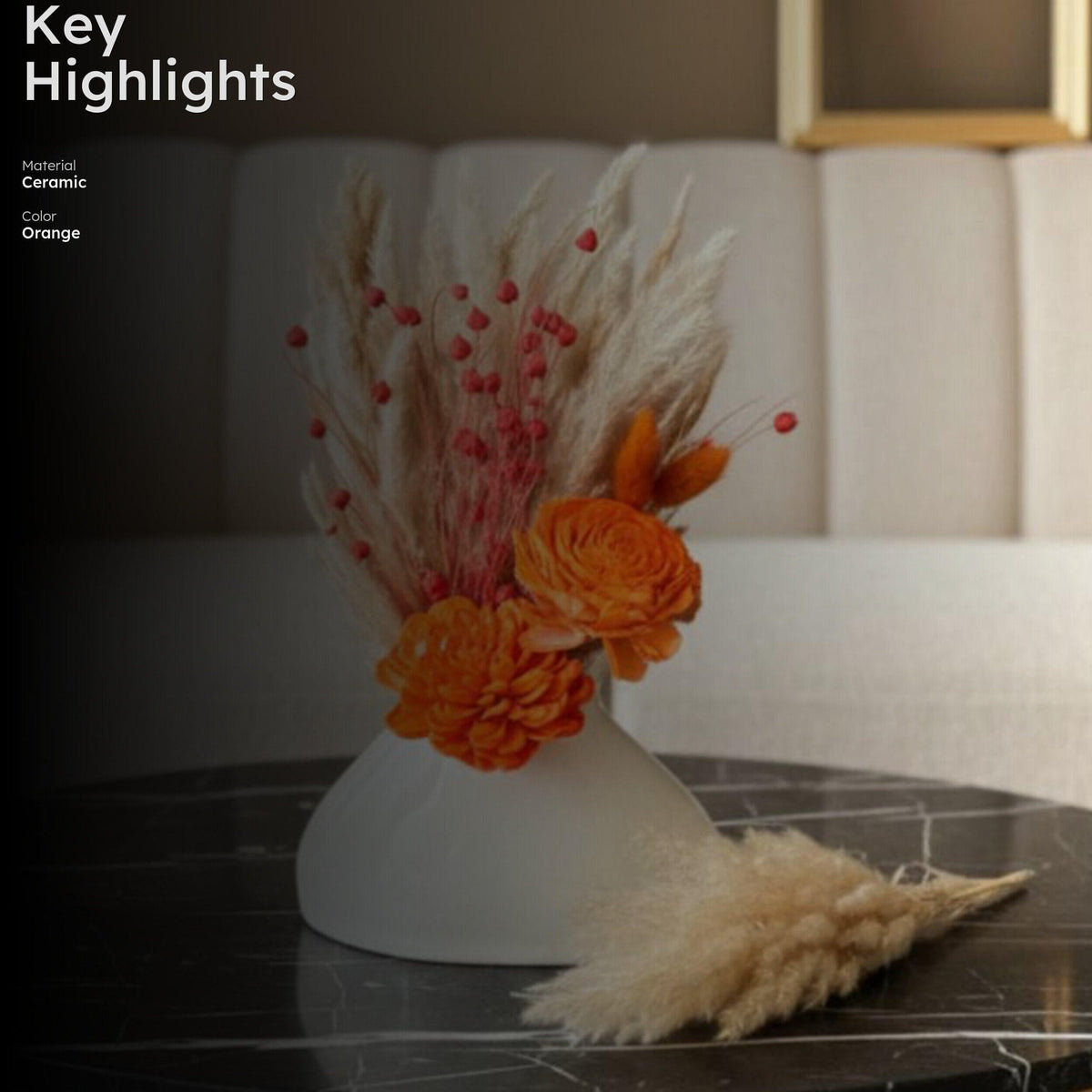 Artificial Orange Dried Flower Arrangement with White Ceramic Vase