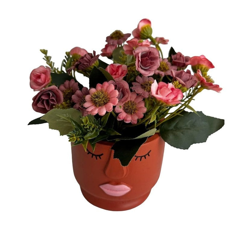 Artificial Pink Floral Arrangement with Cute Face Design Ceramic Vase