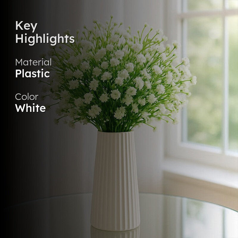 Artificial White Baby’s Breath Flowers with Ribbed White Vase