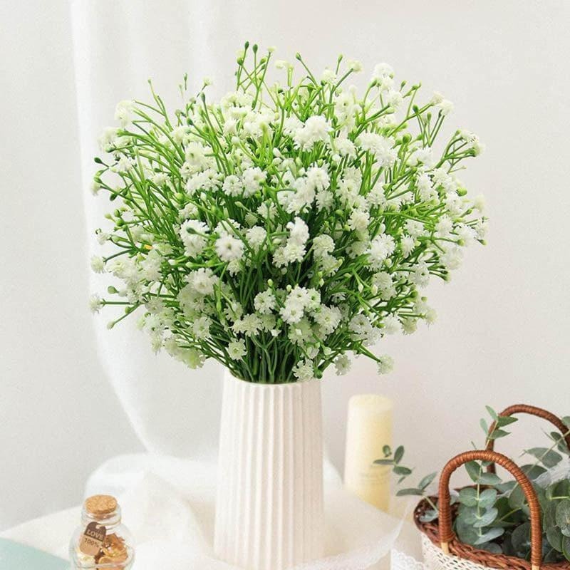 Artificial White Baby’s Breath Flowers with Ribbed White Vase