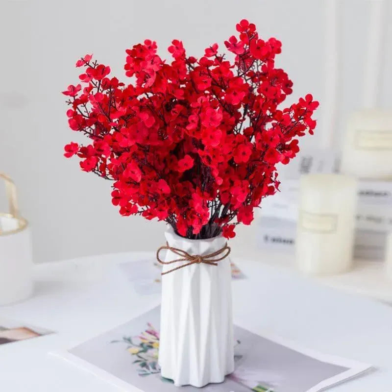 Artificial Red Blossom Flower Arrangement with White Ribbed Ceramic Vase