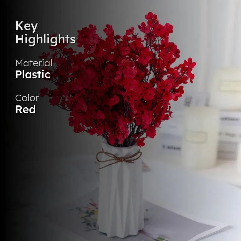 Artificial Red Blossom Flower Arrangement with White Ribbed Ceramic Vase